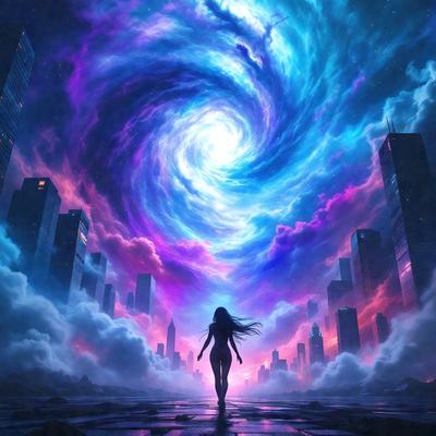 The primary subject of the image is a woman walking on a rocky surface, with a purple sky in the background. The setting appears to be a futuristic city, as indicated by the presence of skyscrapers. The visual style of the image is digital art, which adds a sense of depth and intricacy to the scene. The dominant colors in the image are purple and blue, creating a serene and dreamy atmosphere.